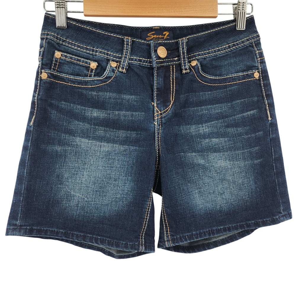 Seven7 Denim Shorts Womens 4 Embroidered Pockets Dark Wash Stretch Jean Shorts